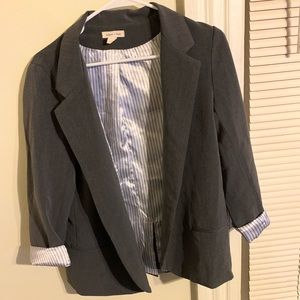 Grey blazer with silky white and navy blue stripes
